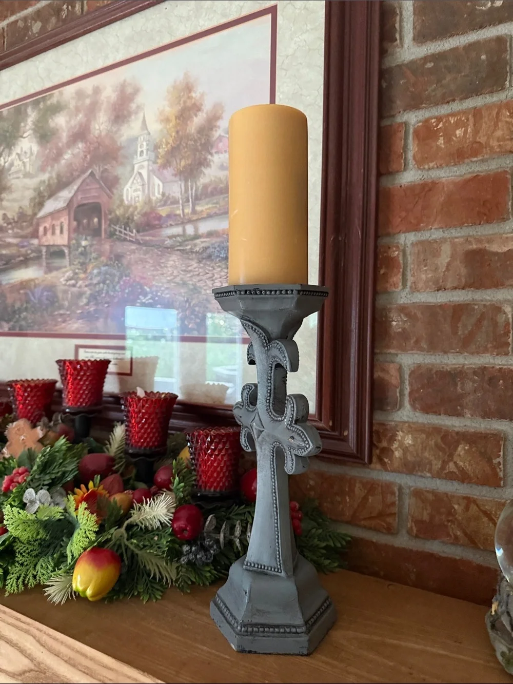 Vintage 80s Gothic Fleur-de-Lis Grey Stone-Look Cross Candle Holder - 18
